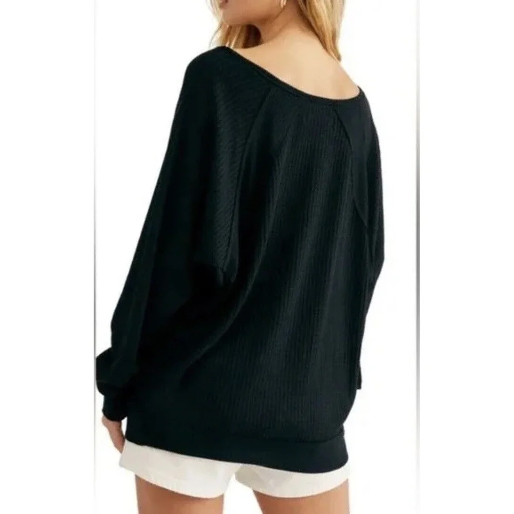 Free People Woman's Black‎ Thermal Santa Clara Blouse Relaxed Dolman Size L